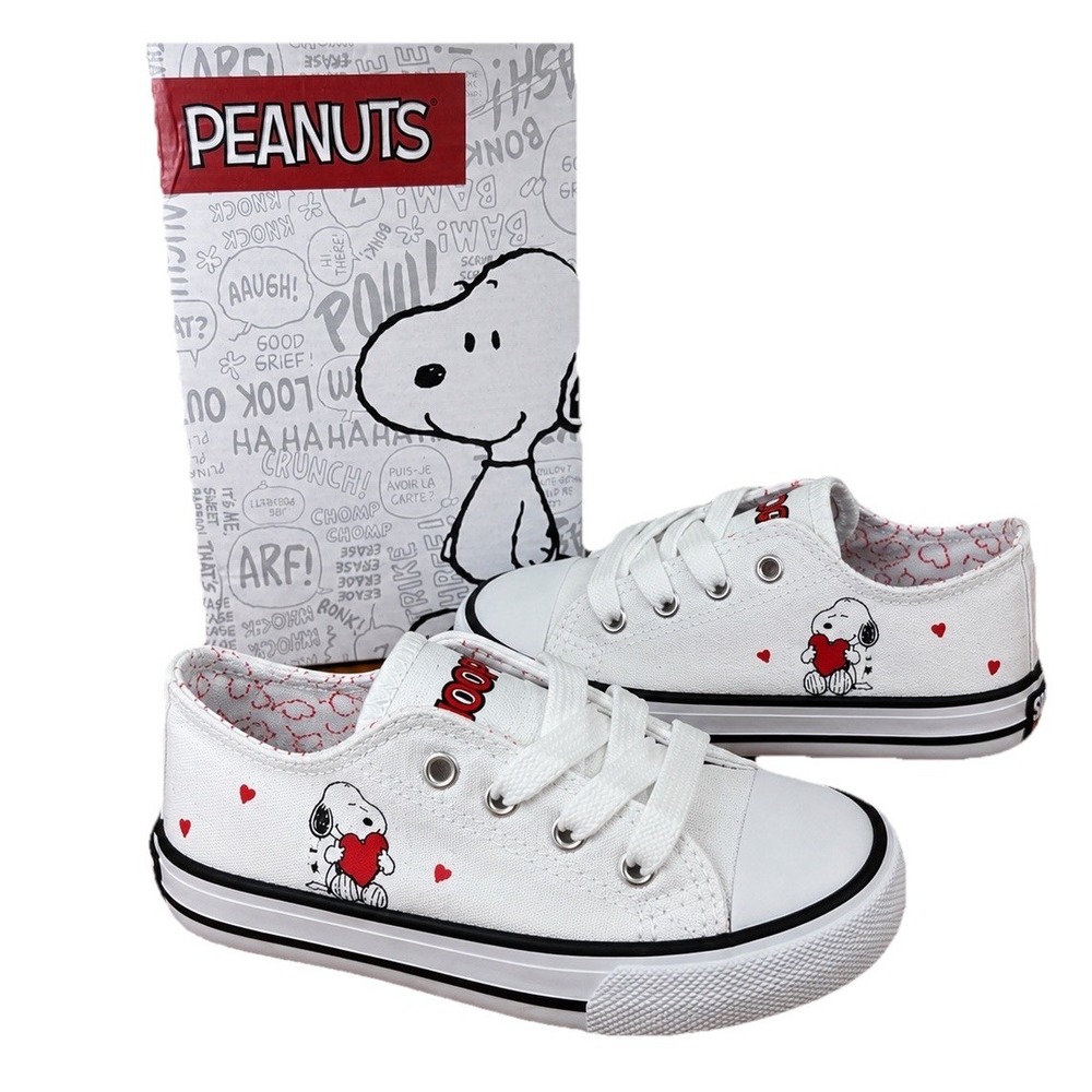 Peanuts Snoopy Hearts Canvas Sneakers Kids Size 8 White Lace Up NIB